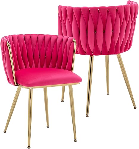 Miniatura 11 de Kiztir Juego de 4 sillas de comedor de terciopelo modernas tapizadas con respaldo tejido y patas de metal dorado para sala de estar, dormitorio,