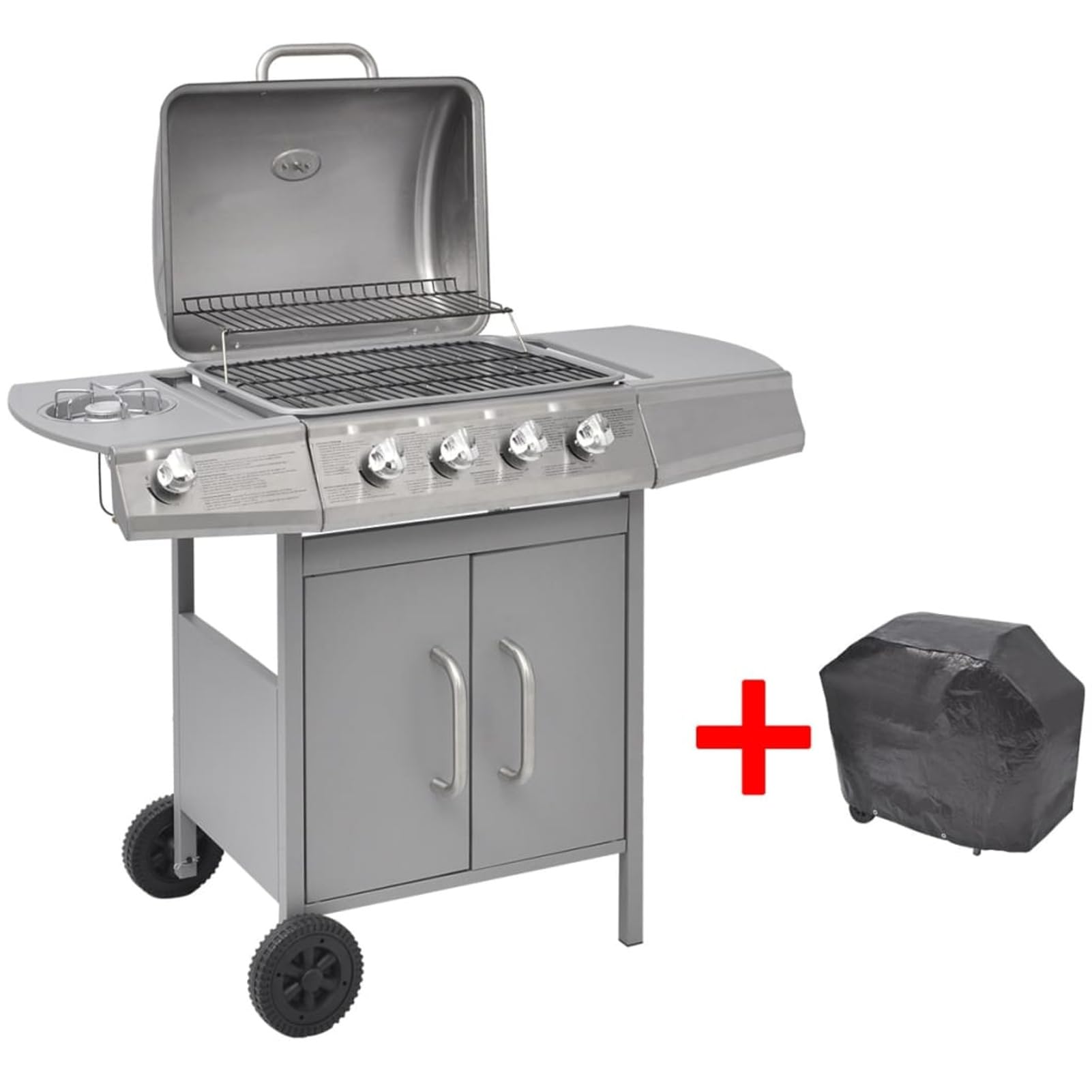 IKAYAA Barbecue e Griglia a Gas 4+1Barbecue a Gas con 4 Fuochi Multifunzione Completo di Bruciatore Laterale Coperchio, Termometro, Griglia in Ghisa, Ruote E Struttura-Argento-Tipo 1