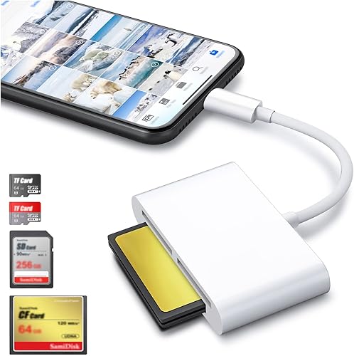 DenicMic Lector de tarjetas SD CF para iPhone14 13 12 11 X XS/iPad, lector de tarjetas SD CF Lector flash compacto con puerto de carga de