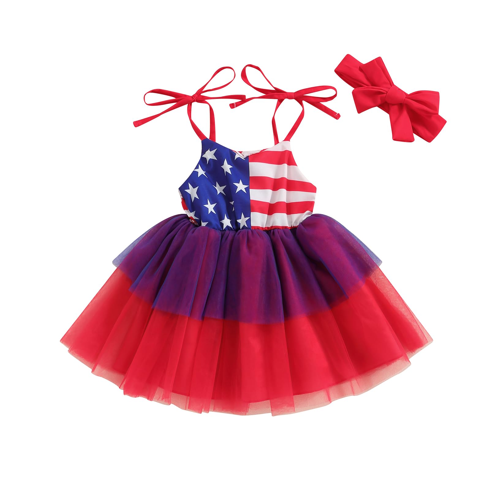 Little Girl Summer Princess Dress USA Flag Star Dress Smocked Sleeveless Tulle Tutu Dress Kid Independence Day Dress (Red, 12-18 Months)