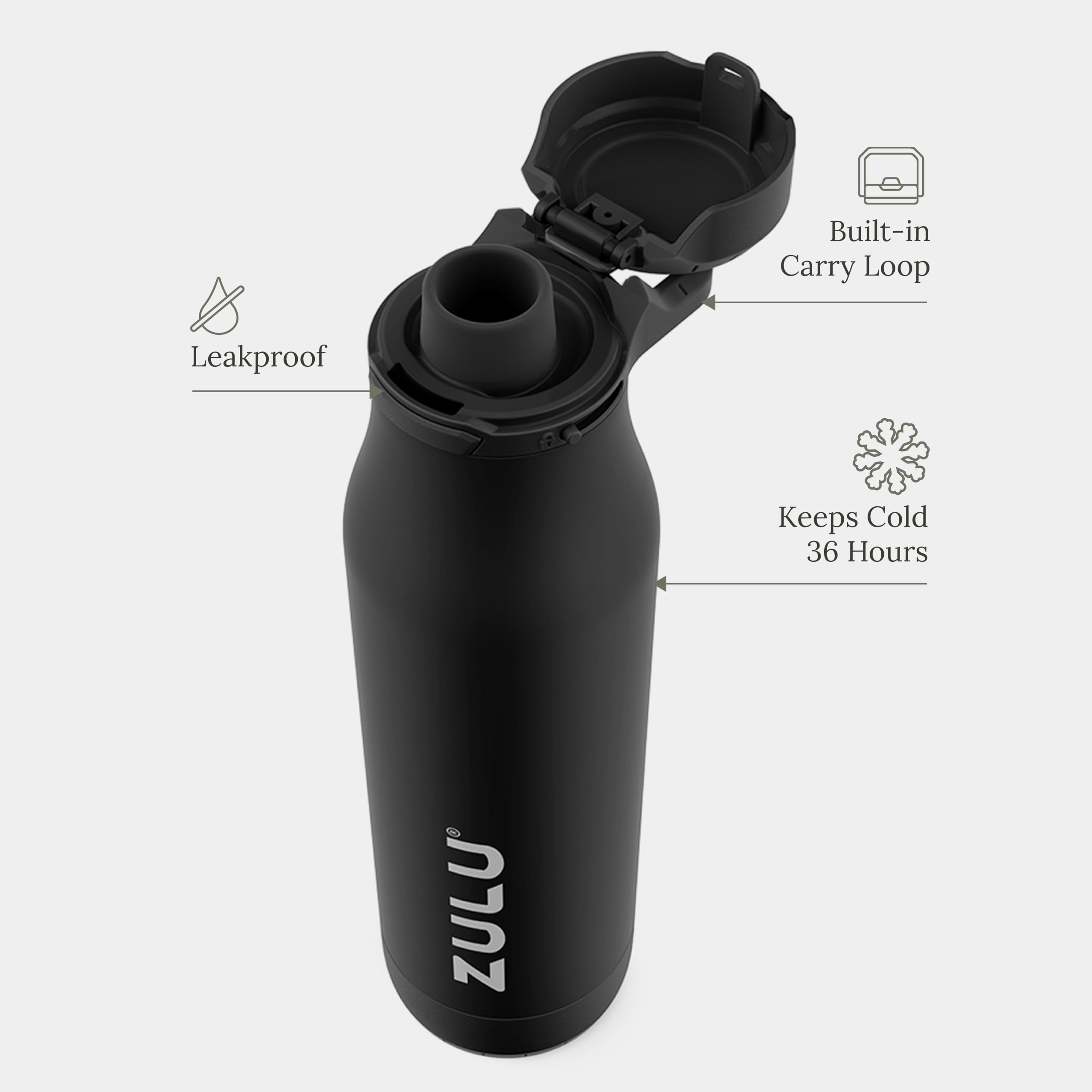ZULU Ace - Botella de agua de acero inoxidable aislada al vacío de 24 onzas con boquilla para beber, tapa de bloqueo a prueba de fugas y base extraíble, botella reutilizable para ciclismo, deportes