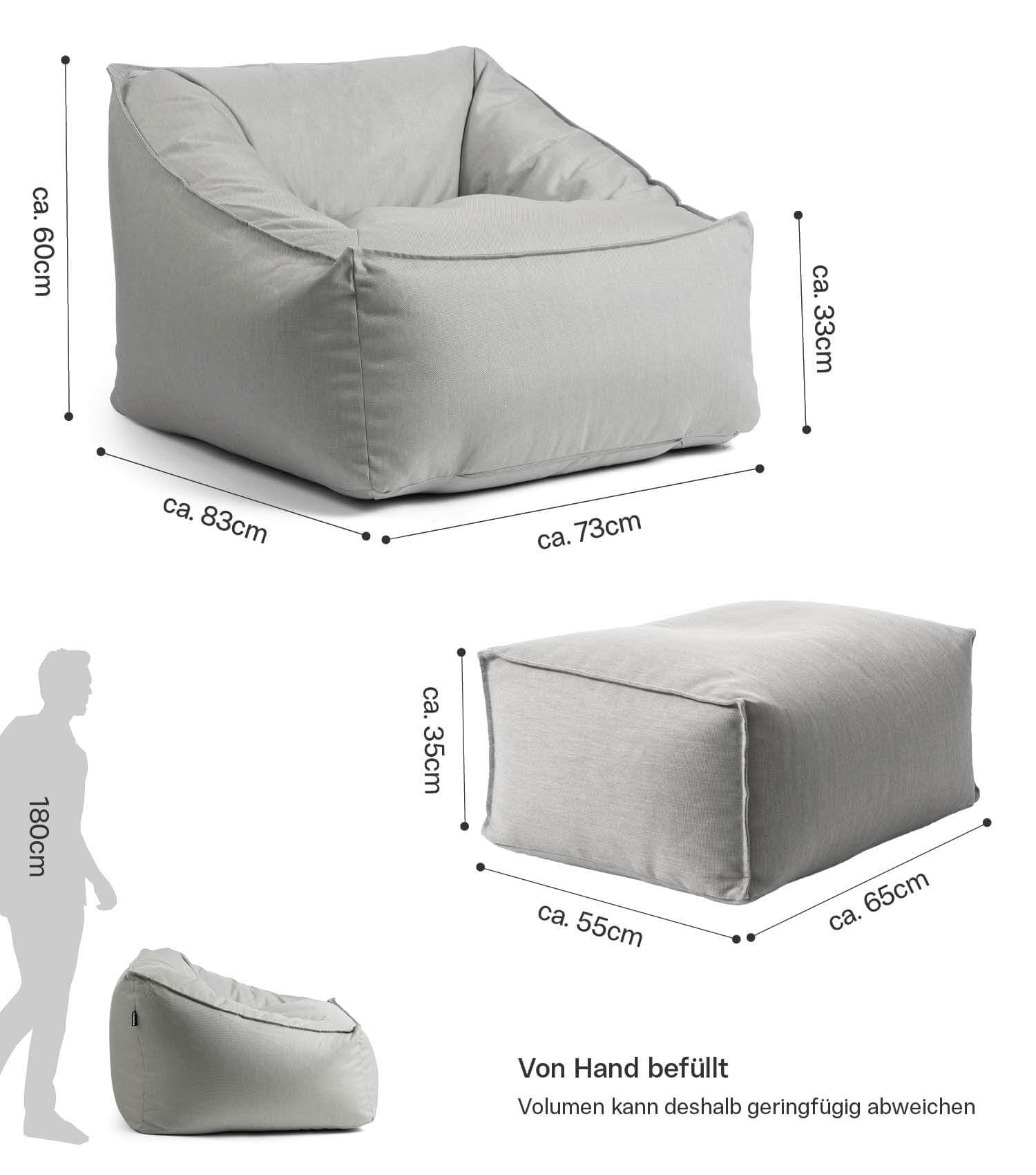 mokebo Gartensessel mit Hocker & Schutzhülle 'Der Sunnyboy' Made in Germany, Outdoor Sitzsack, Bean Bag mit Füllung, als Liegekissen, Gartenliege, Relaxliege, Bodenkissen oder Liege in Lichtgrau