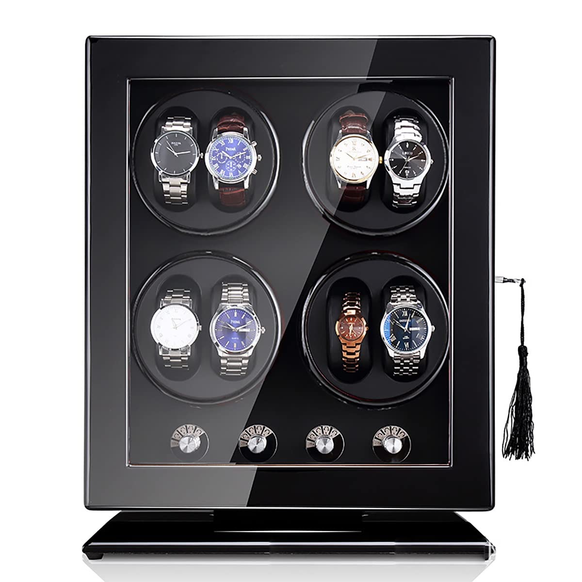 MYUYEE Automatic Watch Winder With 4 Watches Display+ 6 Flexible Watches Pillowspiano Lacquer Large Capacity Watch Box With Quiet Motor Wristwatch Storage Case (A)