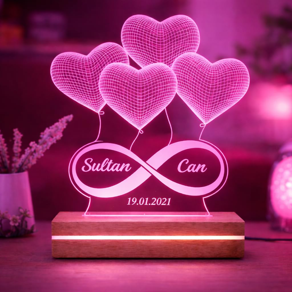 Spersonalizowana lampa LED z iluzją 3D, balony w kształcie serca z symbolem nieskończoności, drewniana podstawa, funkcja lampki nocnej, romantyczna, nowoczesna