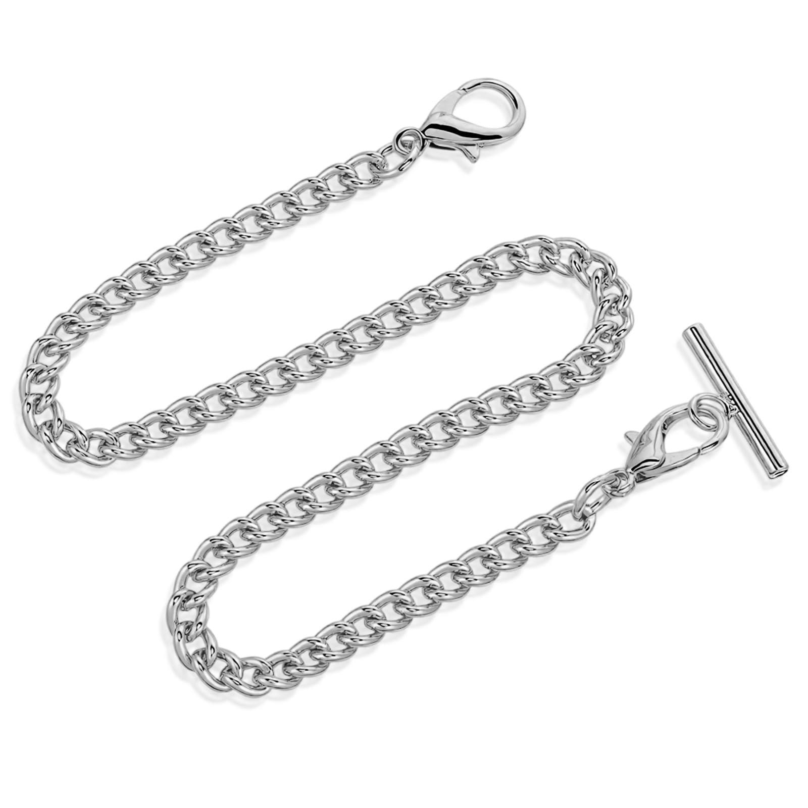 Silver Pocket Watch Chain with T-Bar, 14 Inch Pocket Watch Chains for Men, Silver Vest Chain for Men