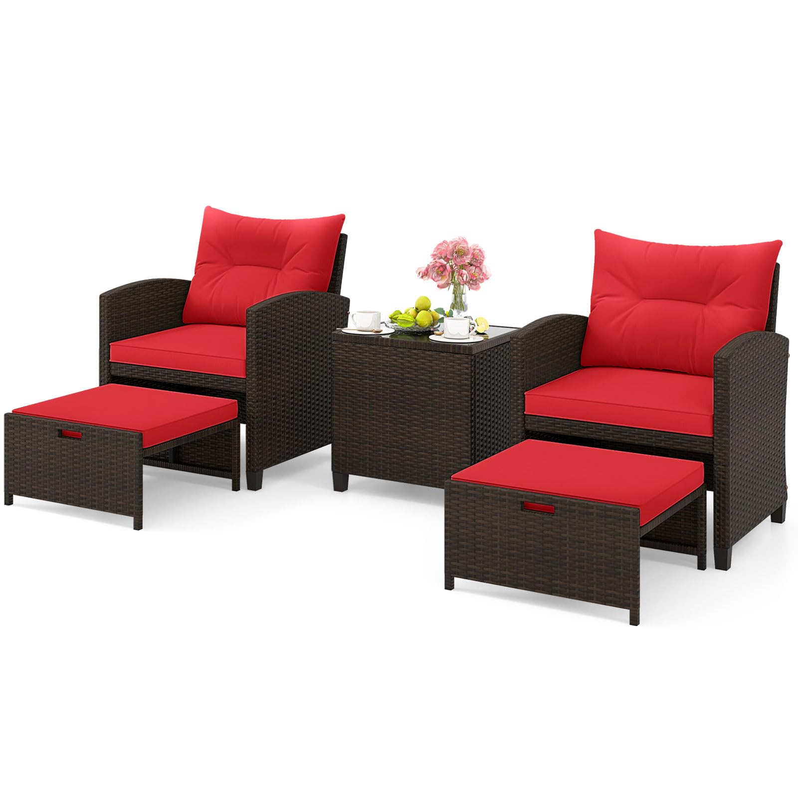 ORALNER 5 Pieces Patio Furniture Set with Ottoman, Wicker Conversation Set w/Cushions, Glass Coffee Table, Outdoor Rattan Lounger Chairs Bistro Set