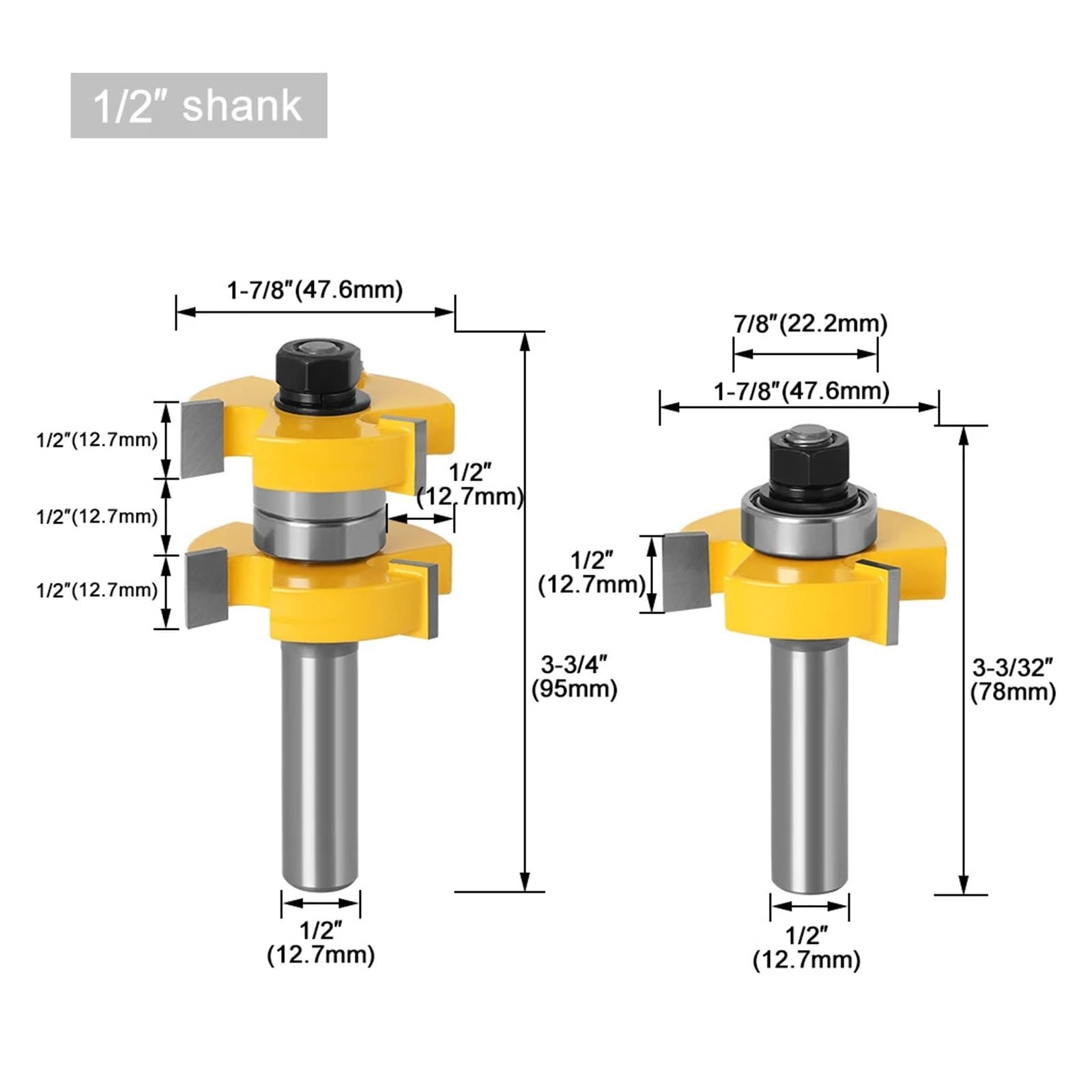 1 szt. 1-1/2" 2 Bit 12mm 1/2 Shank zestaw frezów do piór i wpustów montażu wspólnego narzędzie cięcia drewna(NO9ZHD12.7mm shank)