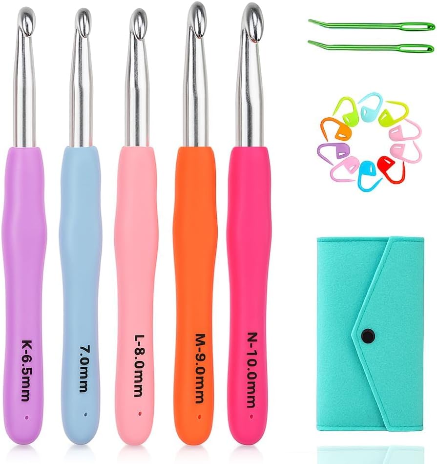 Large Ergonomic Crochet Hooks,10mm 9mm 8mm 7mm 6.5mm Crochet Hook Set with Case,Size K L M N