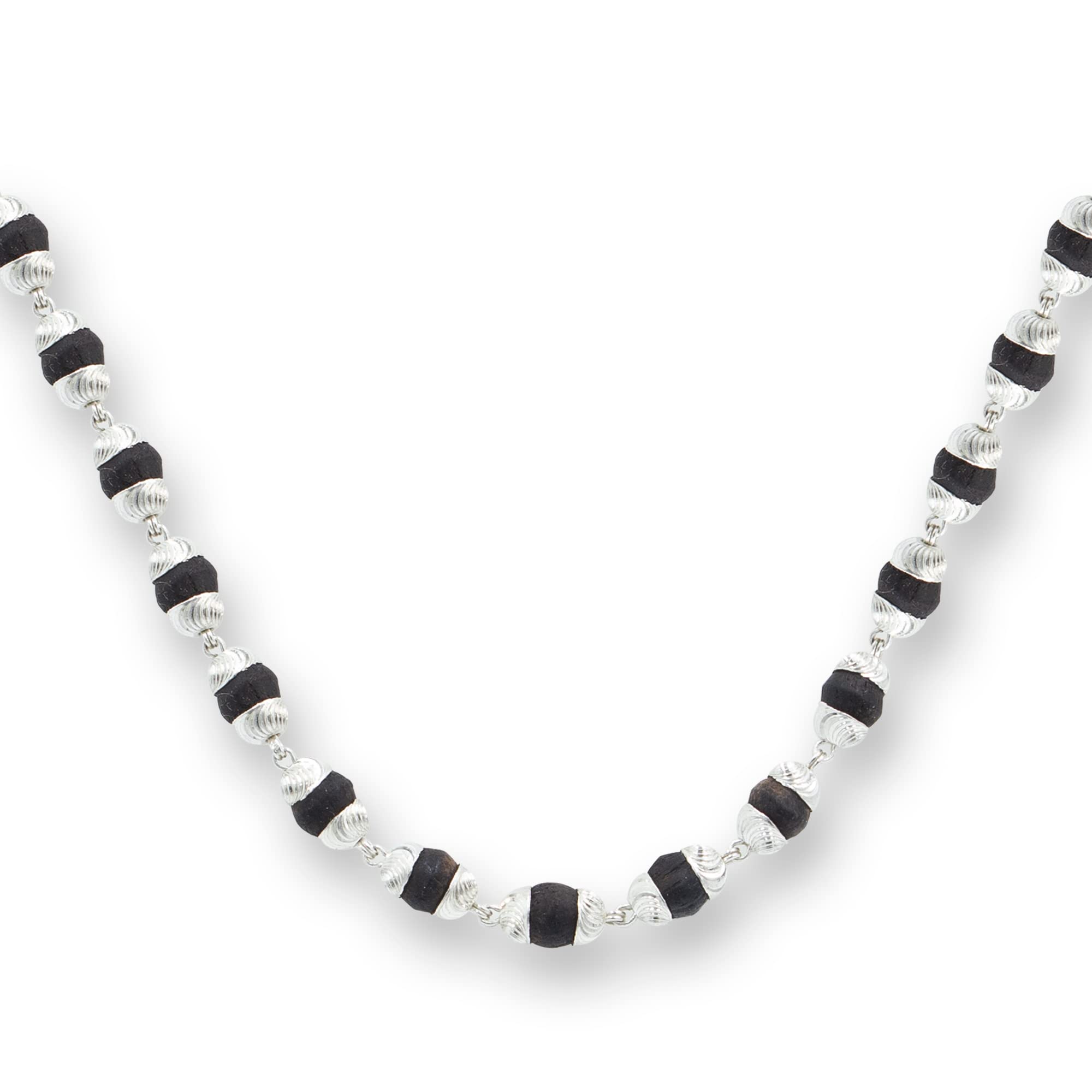 Njels925 Silver Natural Tulsi Mala for Men and Women with CNC Design Cappings | Original Tulsi Mala for Women | Length 24 Inches | BIS Hallmark Stamped