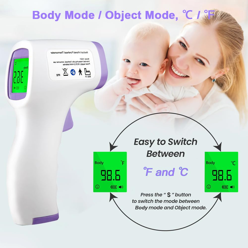 Thermomètre Frontal Sans Contact, Thermomètre Frontal Adulte et Bebe avec Lecture Instantanée 1s, Thermometre Numérique 32 Mémoire, Alarme de Fièvre, Rapides et Précises
