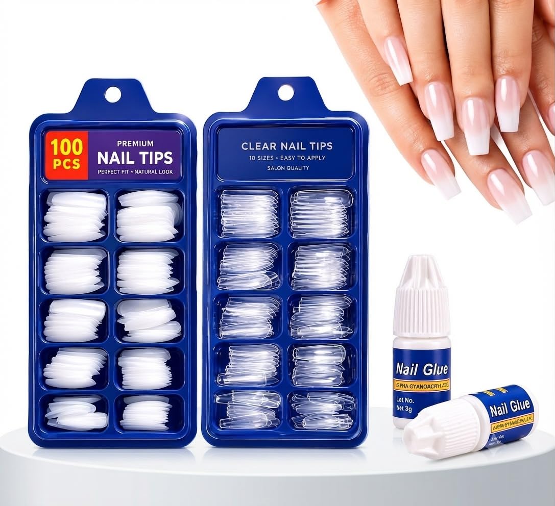 200 PCS Nail Tips Set (2 Packs × 100 PCS) with 2 Nail Glue Bottles | Clear & Natural Full Cover Artificial Nail Extensions | 10 Sizes | Salon Quality Fake Nails for Women & Girls-image-38