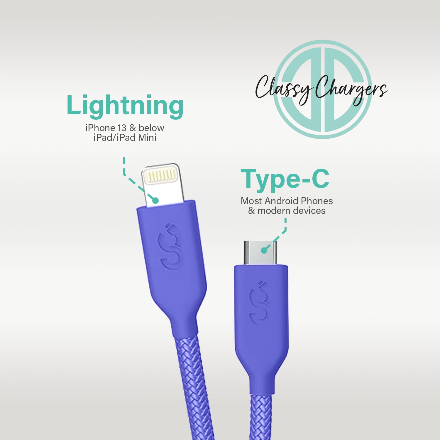 Classy Chargers Cable USB tipo C a Lightning de 6 pies | Certificado MFI para iPhone 13, 13 Pro, 12 Pro Max, 12, 11, X, XS, XR, 8 Plus, Air Pods Pro (morado)