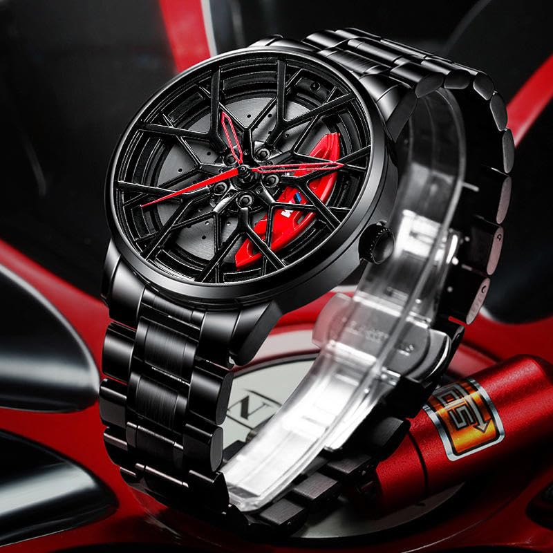 Image of Branded Men's Sport Quartz Watch Car Wheel Dial Rotating Casual Fashion Stainless Steel Alloy Men Multicolour Luxury Watches Wheel Dial Men's Metal Watch Gift Creative Watch