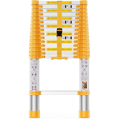 Telescoping Ladder, 15.5FT Aluminum Collapsible Ladder w/Non-Slip Feet, Telescopic Extension Extendable Ladder Heavy Duty RV Collapsible Ladder for Household, Outdoor Work 330 lbs Load