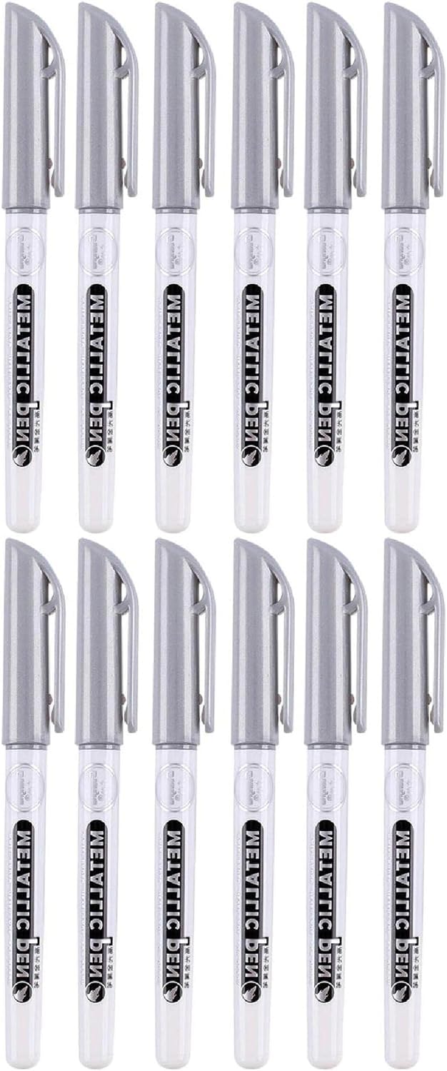 ALLNEWELOOK Metallic Permanent Acrylic Markers Set, 12 Pcs Paint Pen with 0.7mm Fine Tip, Waterproof & Perfect for DIY Craft Painting (Acrylic Markers Silver12 Pcs)
