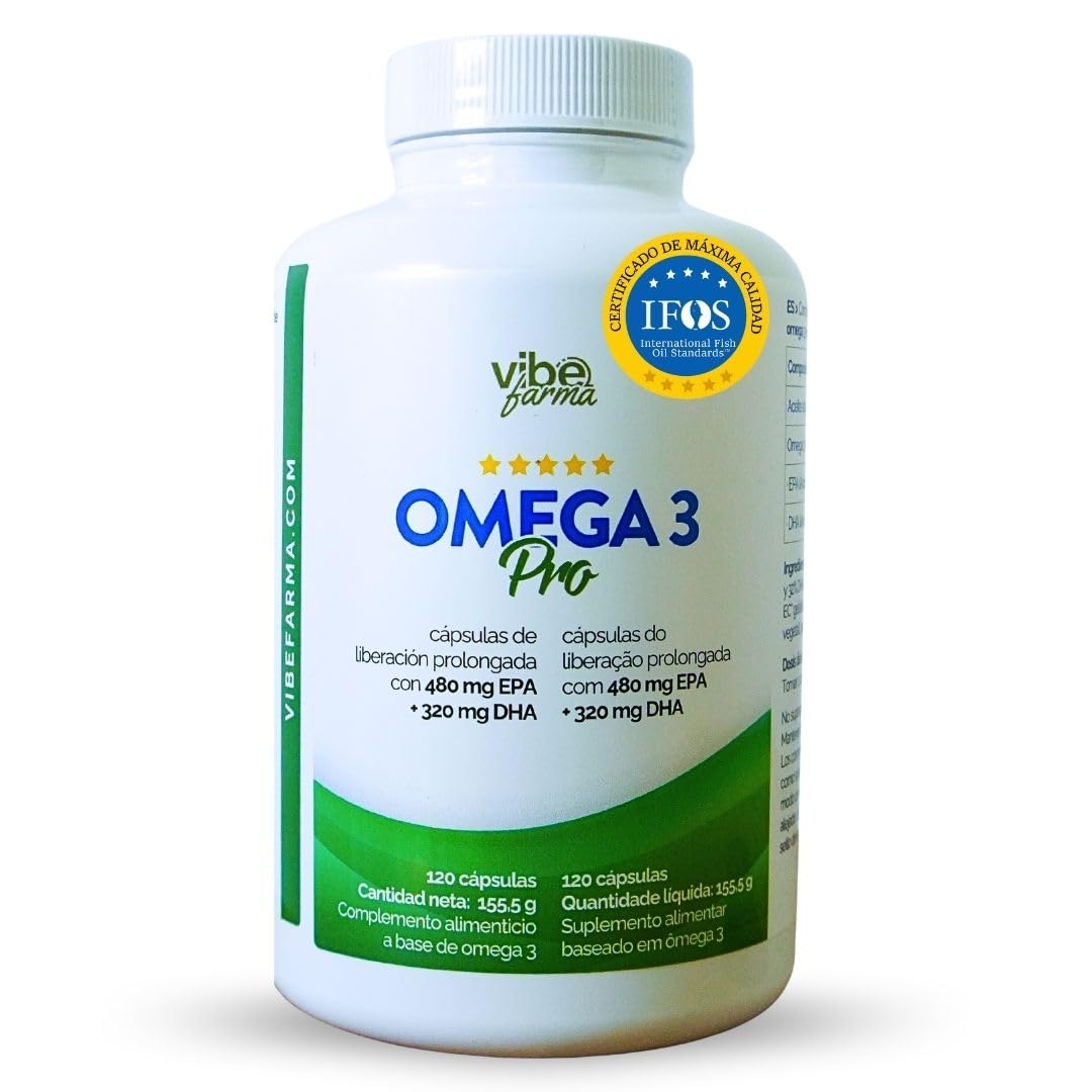 VIBEFARMA OMEGA 3 PRO Certificado IFOS 5 Estrellas 480 mg EPA y 320 mg DHA por Cápsula Aceite de Pescado Triglicérido Estándar Superior Alta Concentración Absorción Rápida Sin Reflujo 120 Cápsulas