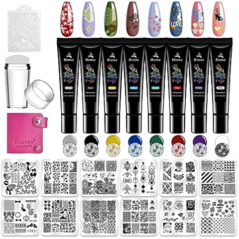 Biutee 12pcs Placas de Uñas con Sello y 8 Colores Gel Cover