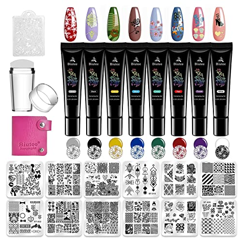 LiBiuty Nagelstempel-Set – 12 Schablonen + Stempel + Schaber + Aufbewahrungstasche, Für Kreative Nailart