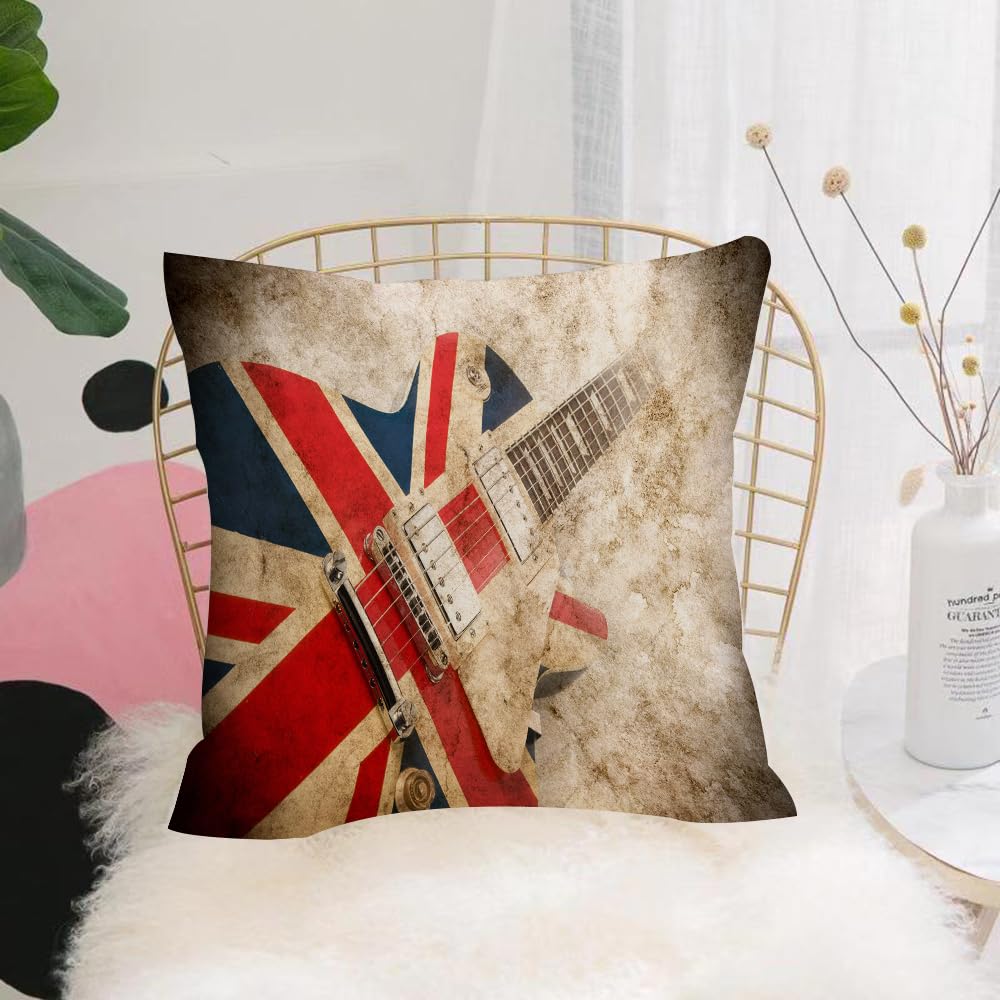 HYOSXW Cushion Cover,Throw Pillow Case Home Decorative for Living Room Bedroom Sofa Chair 16X16 Inch,Music Grunge British Pop Guitar Rock London Jack Union Brit Flag in,Pillowcase 40X40cm