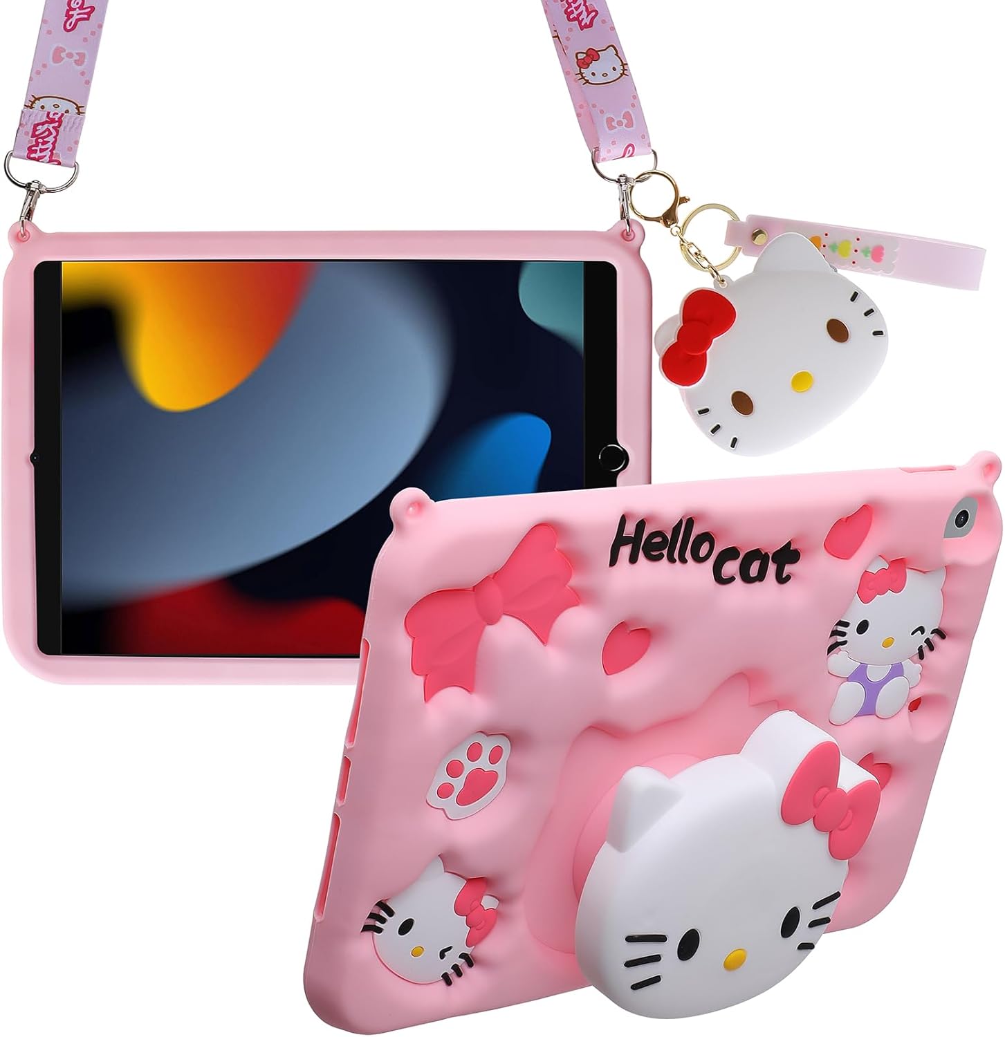 for ipad 9th generation case ipad 10.2case with shoulder strap cute cat case stand kickstand cartoon silicone cover girls kids for ipad 9th gen 10.2 pink (pink)