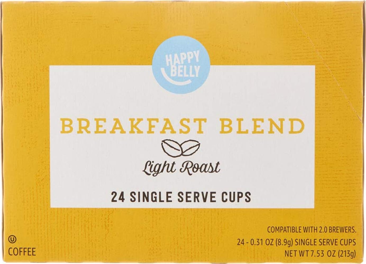 Amazon Brand - Happy Belly Light Roast Coffee Pods, Breakfast Blend, Compatible with Keurig 2.0 K-Cup Brewers, 100 Count