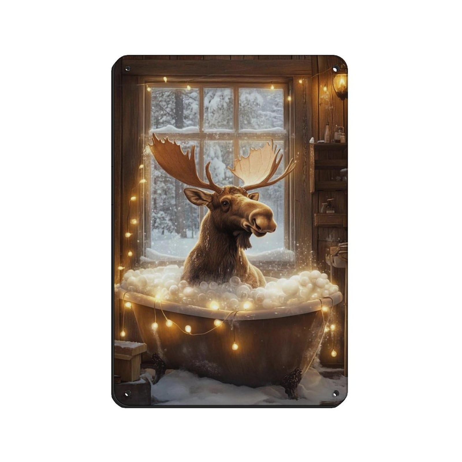 Lxwnze 20L X 30W Cm Winter Moose, Cozy Cabin Artwork Tin Sign Vintage Metal Pub Club Cafe Bar Home Wall Art Decoration Poster Retro 8X12inch(20X30cm)