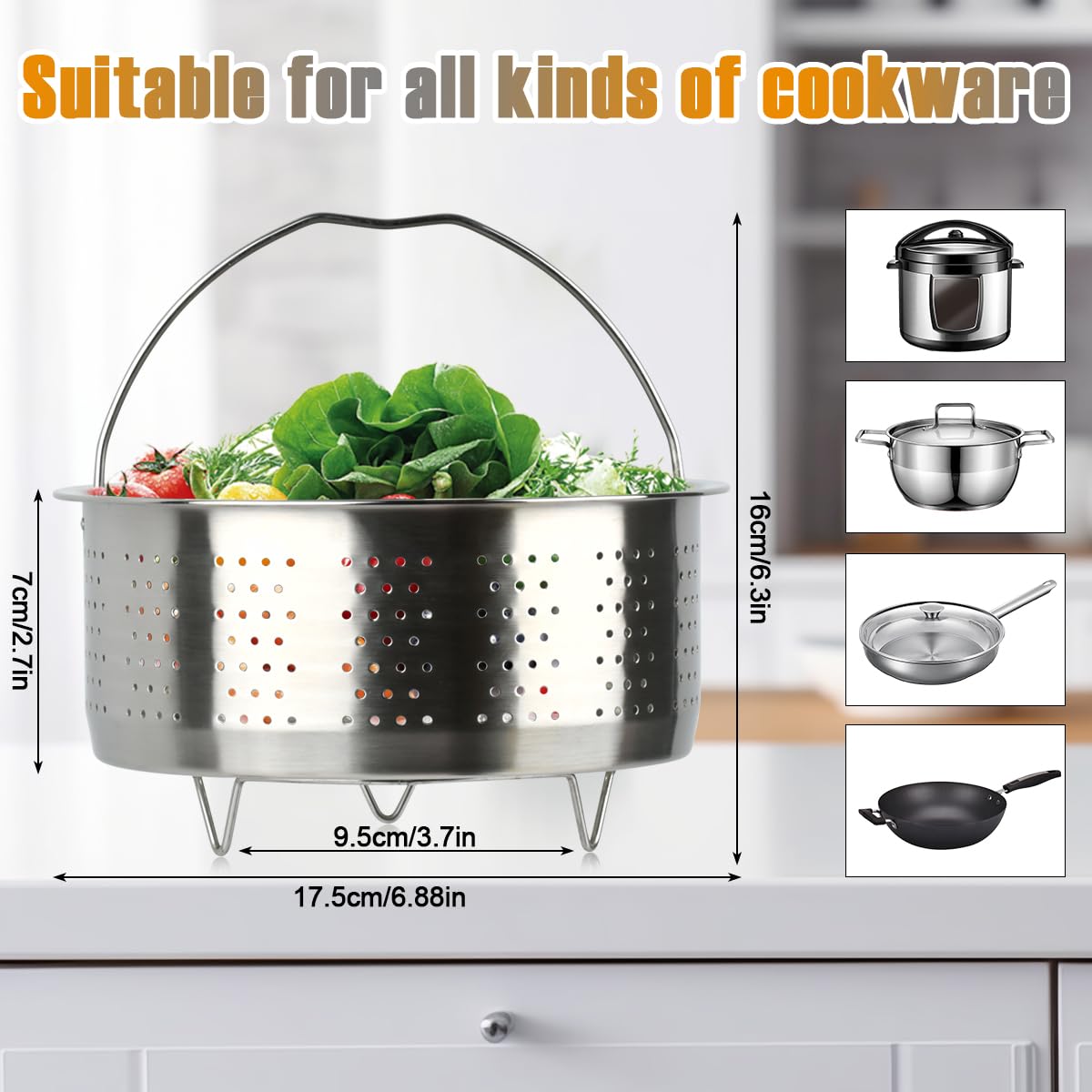 Cesta de Vapor Acero Inoxidable, TIMESETL Cesta de Vapor de Olla Arrocera, Cesto Accesorio para Cocción, Vaporeras, Cesta de Vapor Inoxidable con Asa, para Arroz, Verduras, Patatas, Huevos