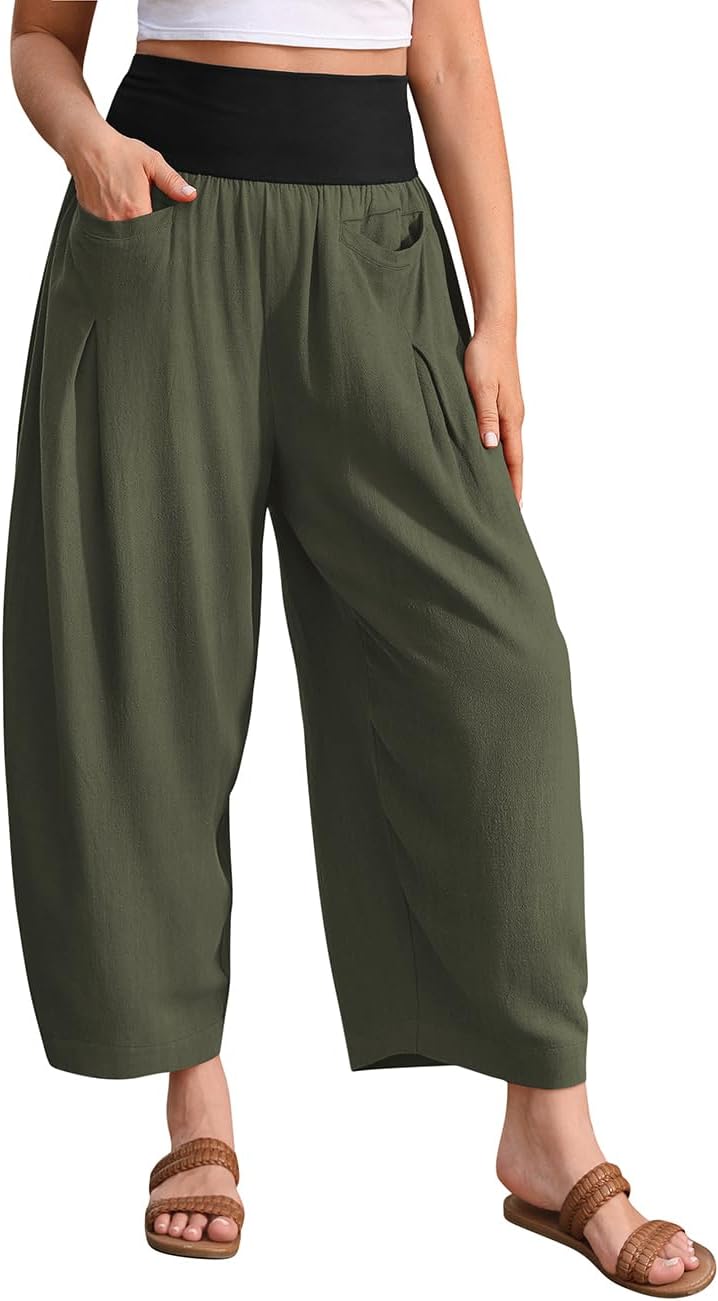 TARSE Women’s Linen Harem Pants Loose Fit Boho Casual Trousers Wide Leg Lounge Pants with Pockets Army Green Medium