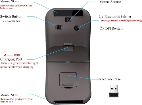 Miniatura 4 de AOGTUNAL Ratón de arco inalámbrico Bluetooth recargable, portátil, Nano USB, delgado, silencioso, plegable, giratorio, ultra delgado, mano