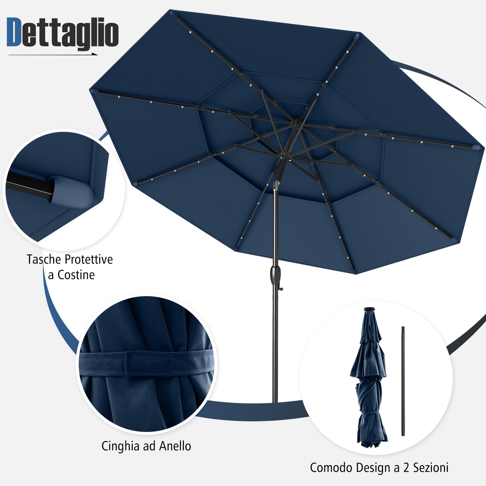 COSTWAY Ombrellone da Patio 297 cm con 32 Luci LED, Tetto Ventilato a 3 Piani, Inclinazioni Regolabili, Manovella, 8 Stecche, Ombrellone da Giardino, Piscina, Spiaggia (Blu)