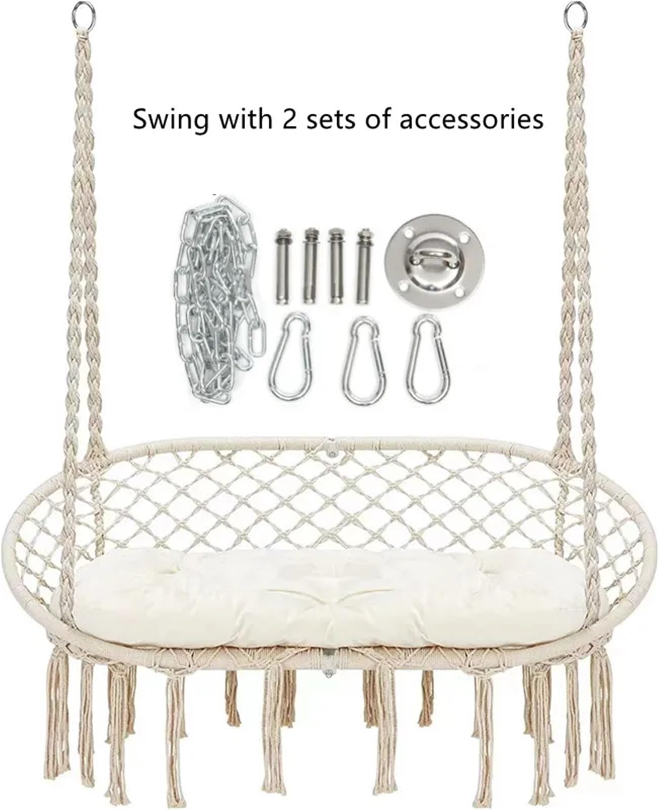 Altalena da esterno Sedia a dondolo doppia in macramè, con corde di cotone appese, struttura in metallo, capacità 450 libbre, for interni ed esterni, patio(White with accessory)