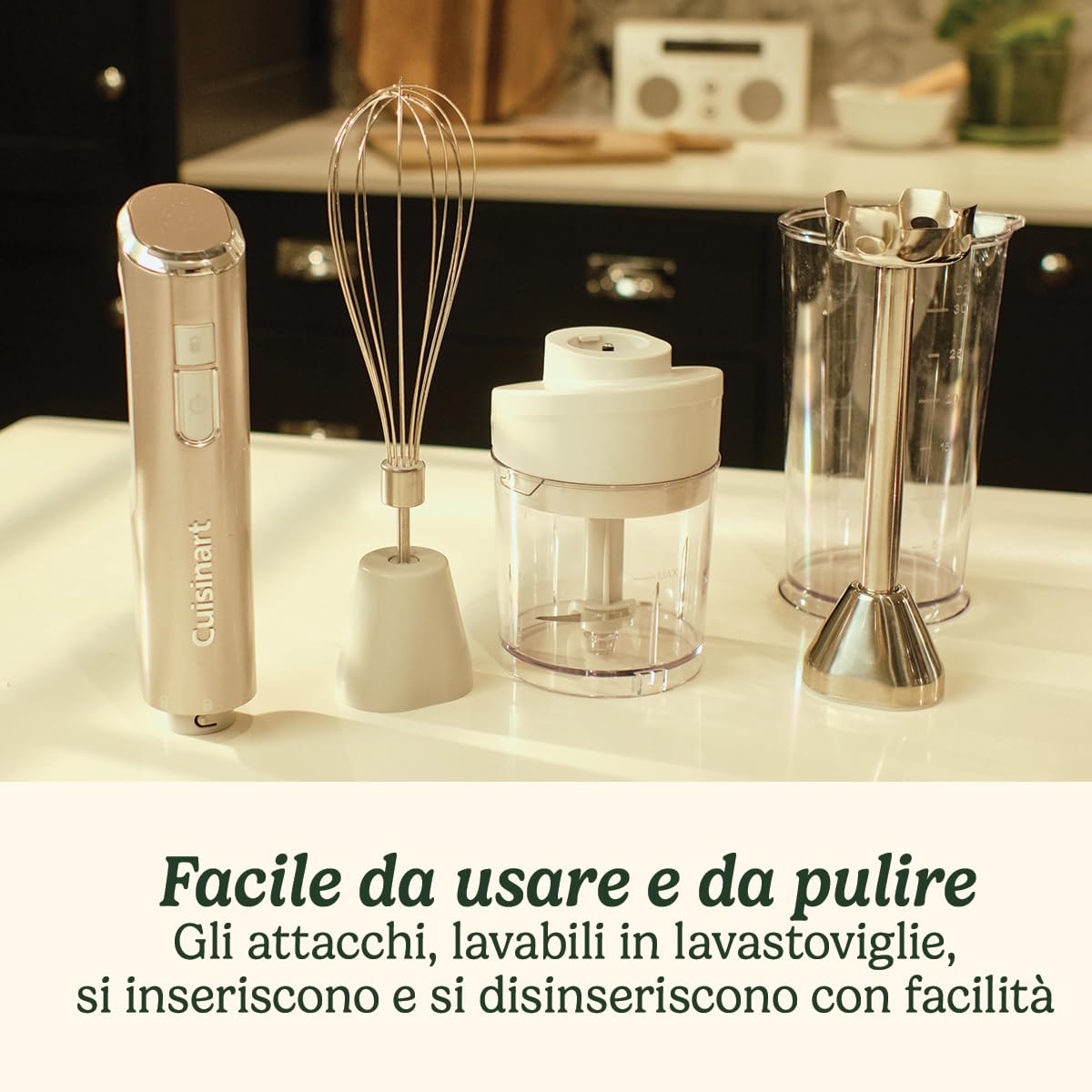CUISINART RHB100E Mixer a immersione Cordless in acciaio, Caraffa senza BPA, Frusta, Mini tritatutto da 250ml, Batteria agli ioni di litio, caricabatterie USB, accessori lavabili in lavastoviglie