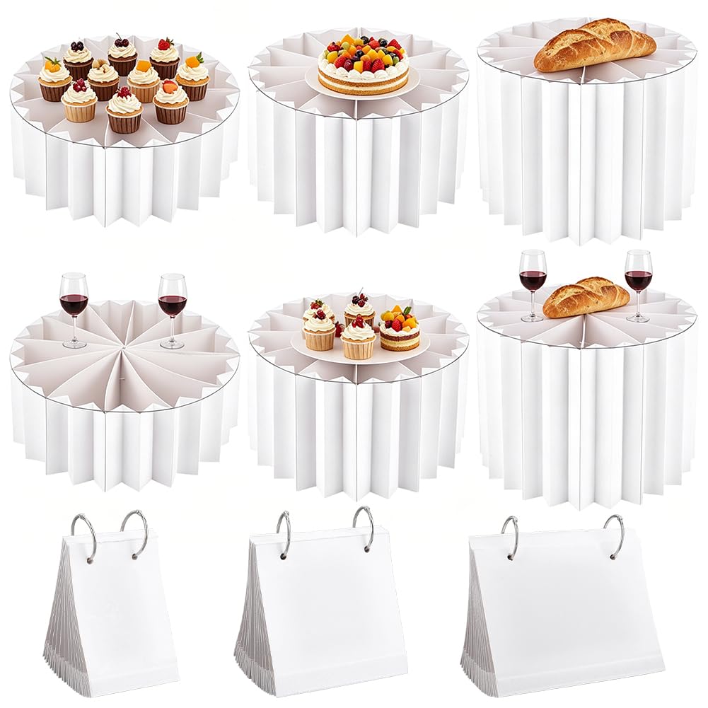UNICRAFTALE Juego De 6 Columnas Plegables De Papel Para Buffet Con Tapa De Acrílico Soportes Redondos Y Bases Altas Blancas Para Exhibir Postres Pasteles Y Decoración De Fiestas