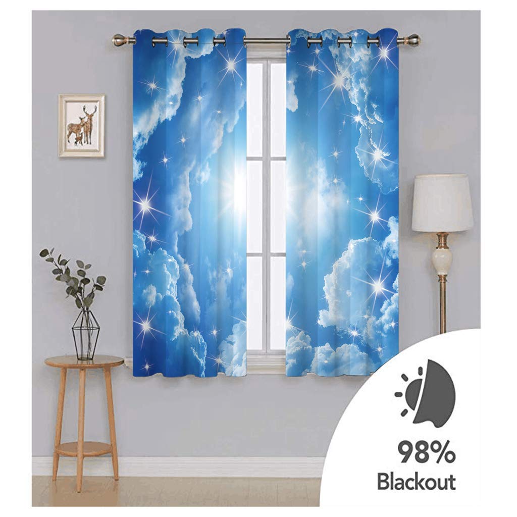 Vorhang Blickdicht Ösenschal Verdunkelungsvorhang 3D Blau-Weißer Sternenhimmel-Traum Muster Gardinen Wohnzimmer Kinderzimmer Thermovorhang Ösenvorhänge 2Er Set Blickdichte Vorhänge 200X214Cm