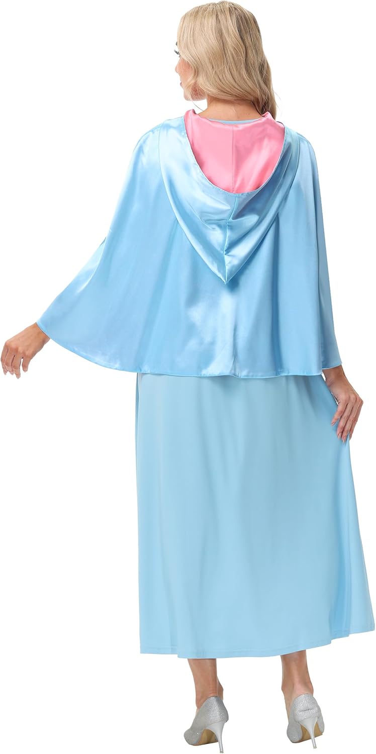 Deerose Women Halloween Godmother 2PCS Costume Sleeveless Maxi Dress Blue Hooded Cloak Outfits