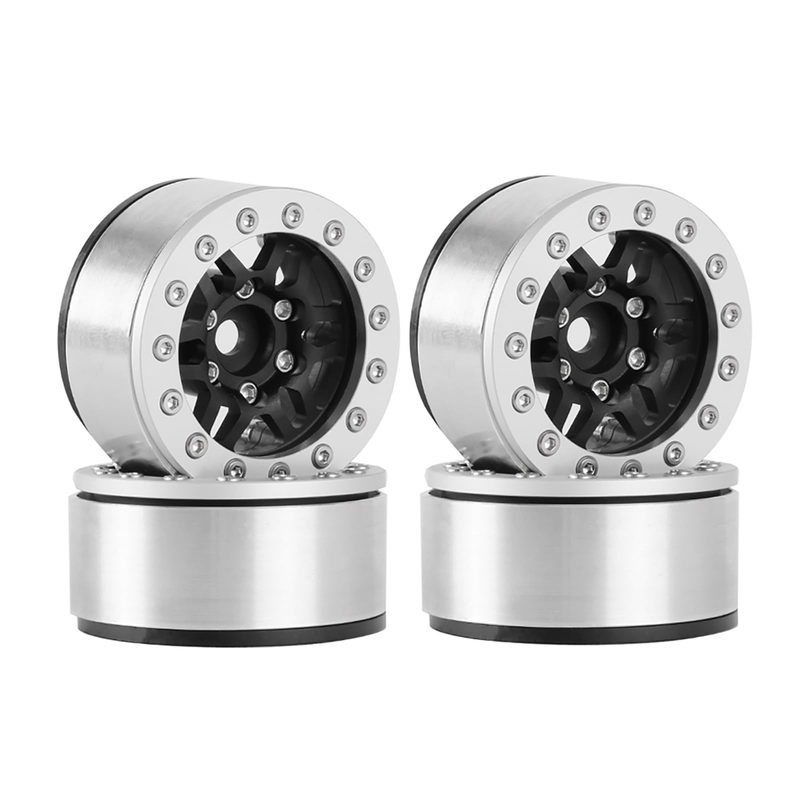 KINGCOO 4PCS 1.55 Inch Aluminum Alloy Metal Beadlock Wheel Rim Hubs Replacement for 1/10 1/12 RC Crawler Car Upgrade Parts for Axial SCX10 MN D90 TF2 CC01 UTB18 Tamiya 1.55" Tires (A-Silver+Black)