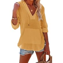 Women Beach Cover Up Linen Long Sleeve V Neck Top Beach Vacation Summer Hoodie Pullover Gauze Blouse Tunic Shirts