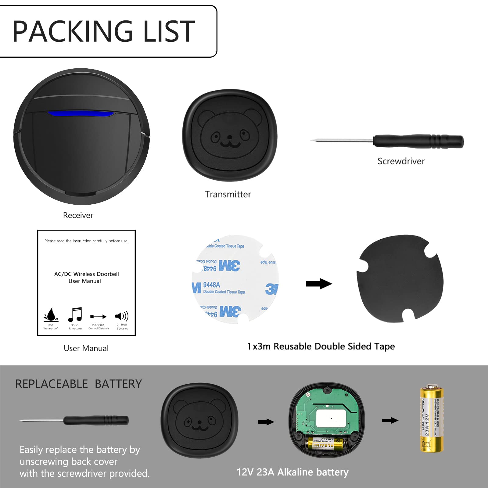 Campanello Wireless per Cani, Campanello ad Anello per Uscire, Pulsanti Impermeabili IP55, 55 Melodie, 4 Livelli di Volume e Portata di 289,6 m (Nero, 1 Ricevitore 1 trasmettitore)