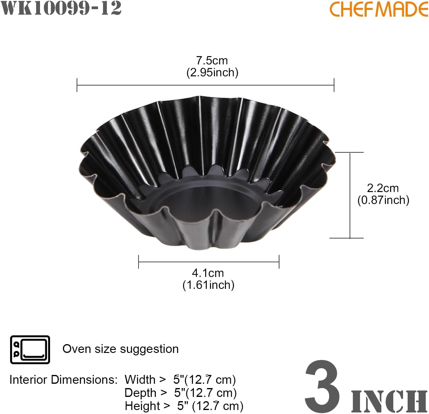 CHEFMADE Mini Egg Tart Pans, Non-Stick 3 Inch 12Pcs Tartlet Molds for Baking, Small Round Quiche Pans for Egg Tarts, Cupcakes, Pies (Black)