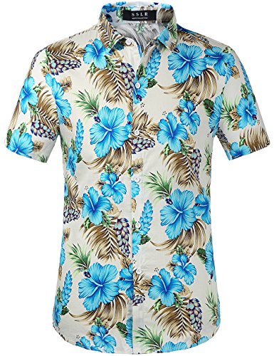 Hawaiian Shirt for Men, Beach Shirts for Men, Tropical Shirts Short Sleeve Floral Casual Button Down (Large, Blue Hibiscus)
