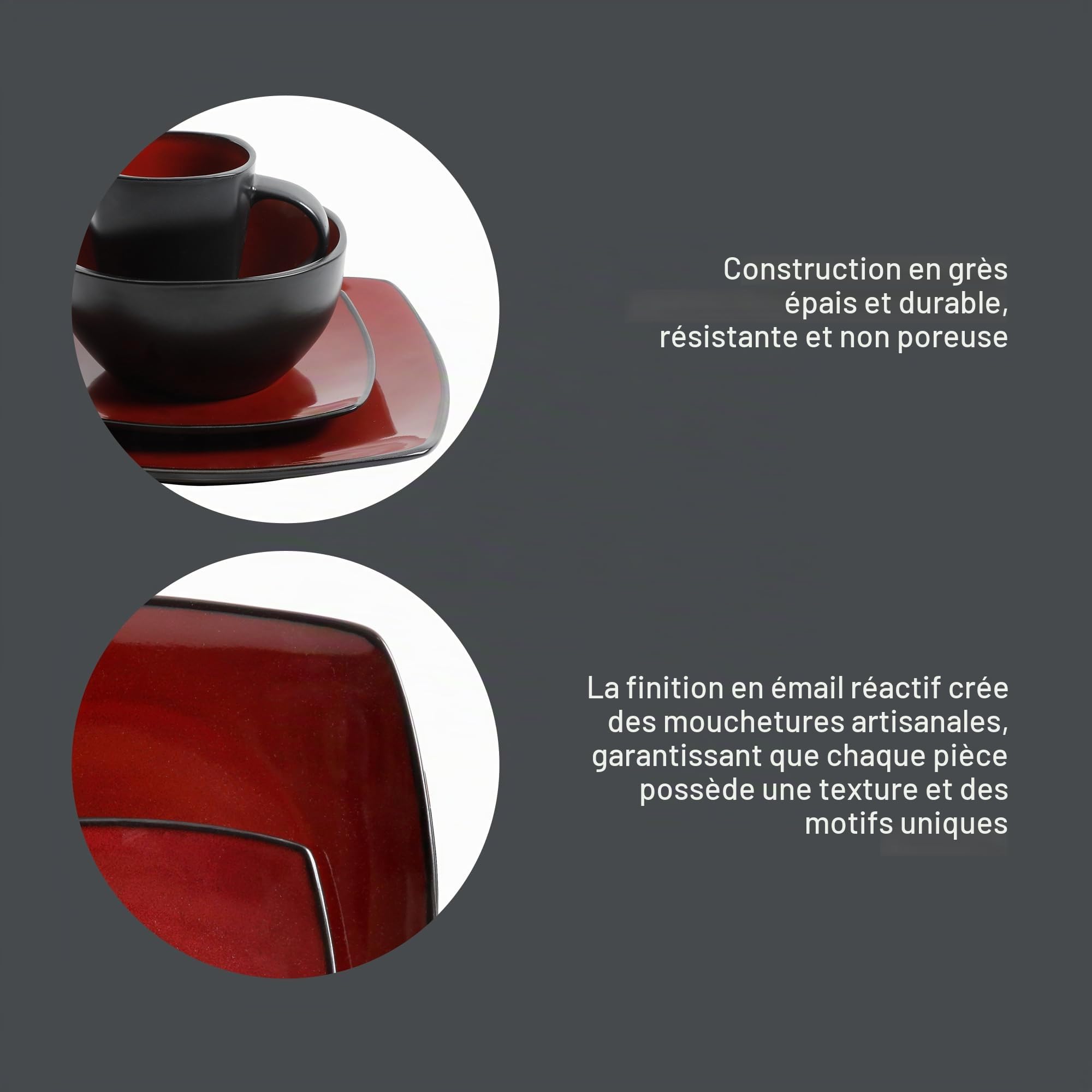 Gibson Soho Lounge Service de table carré 16 pièces Reactive Glaze Rouge