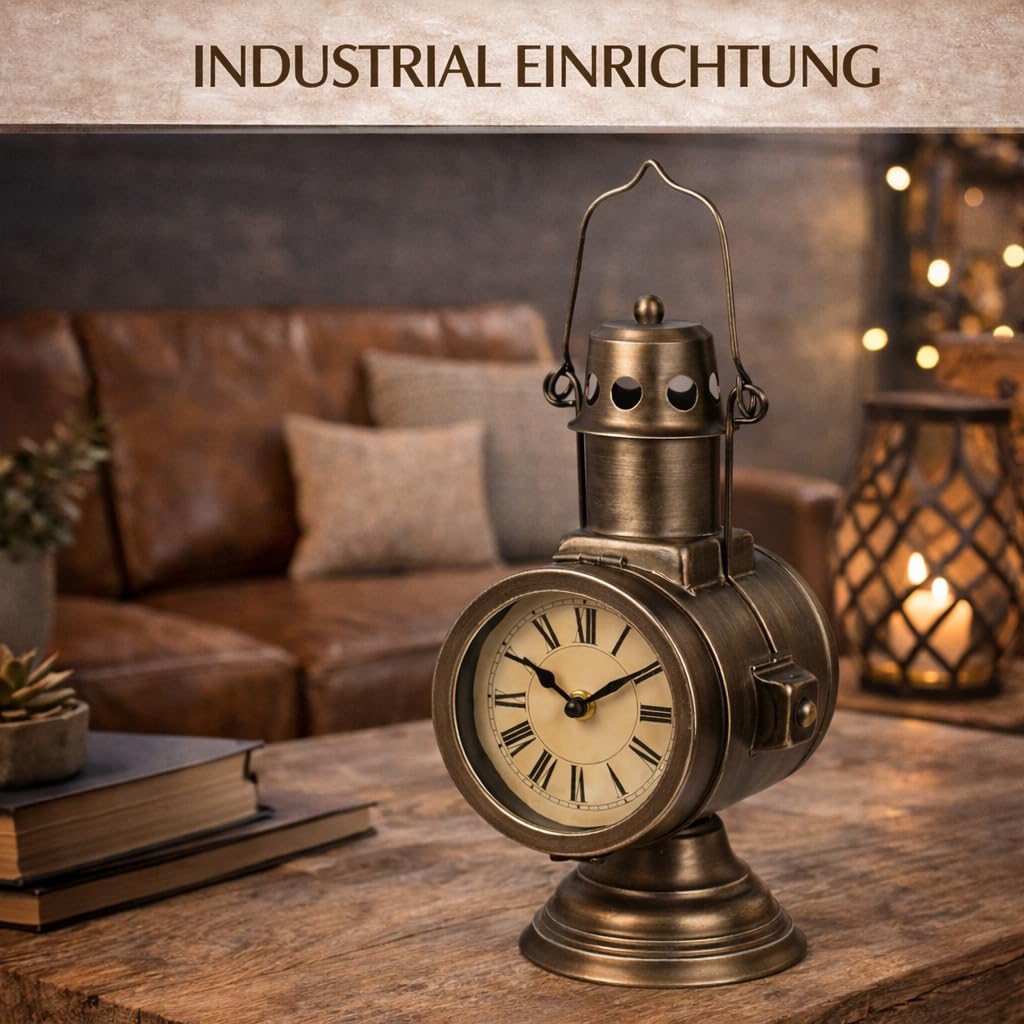 formano Metall Standuhr Vintage im Grubenlampen Design Tischuhr 32 cm im Industrial Stil, Quarz Laufwerk Batteriebetrieb (1x AA), Retro Deko Uhr für Wohnzimmer, Büro & Regal