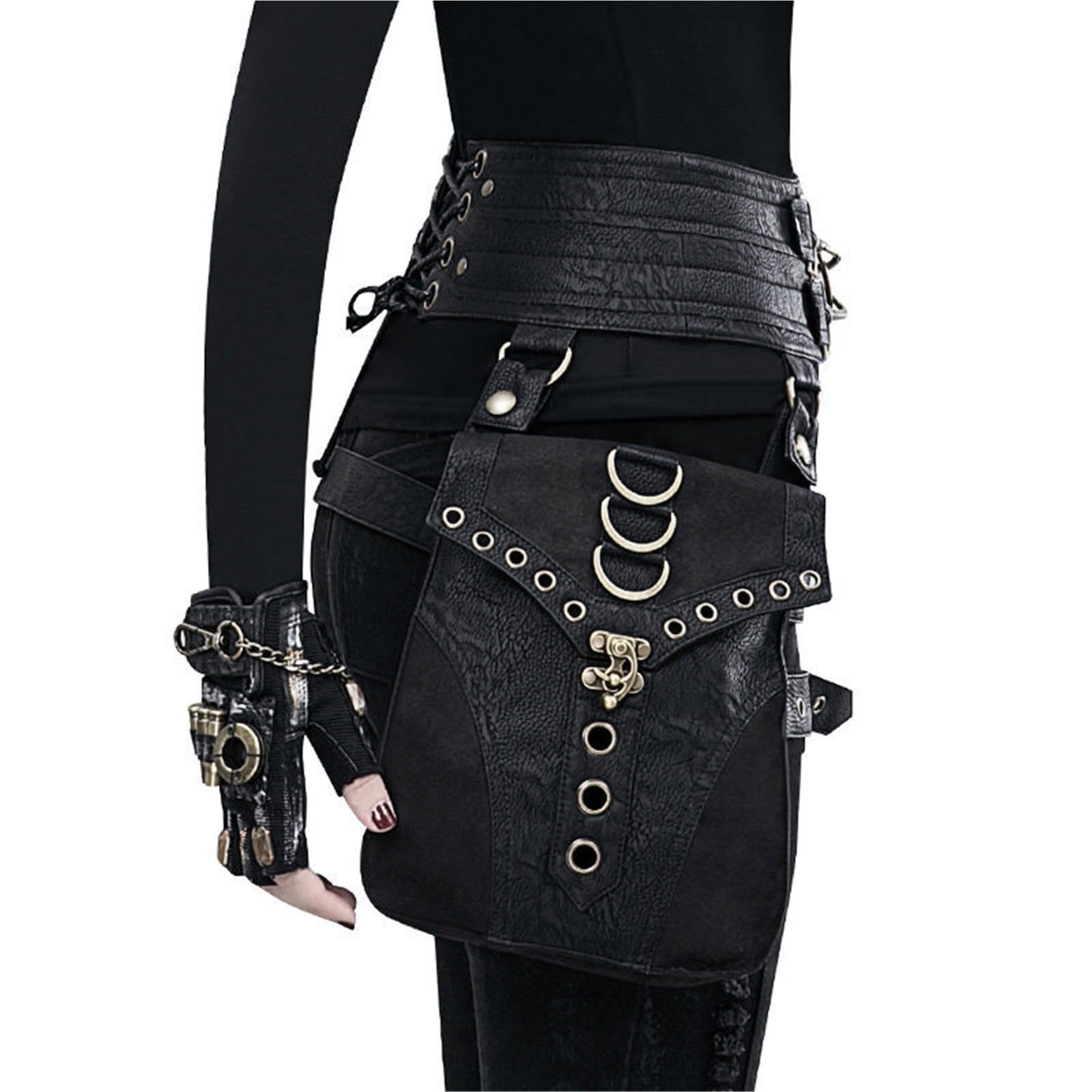 Riñonera de pierna de cuero PU Steampunk para riñonera de ciclismo impermeable para mujer, Negro , M, Clásico