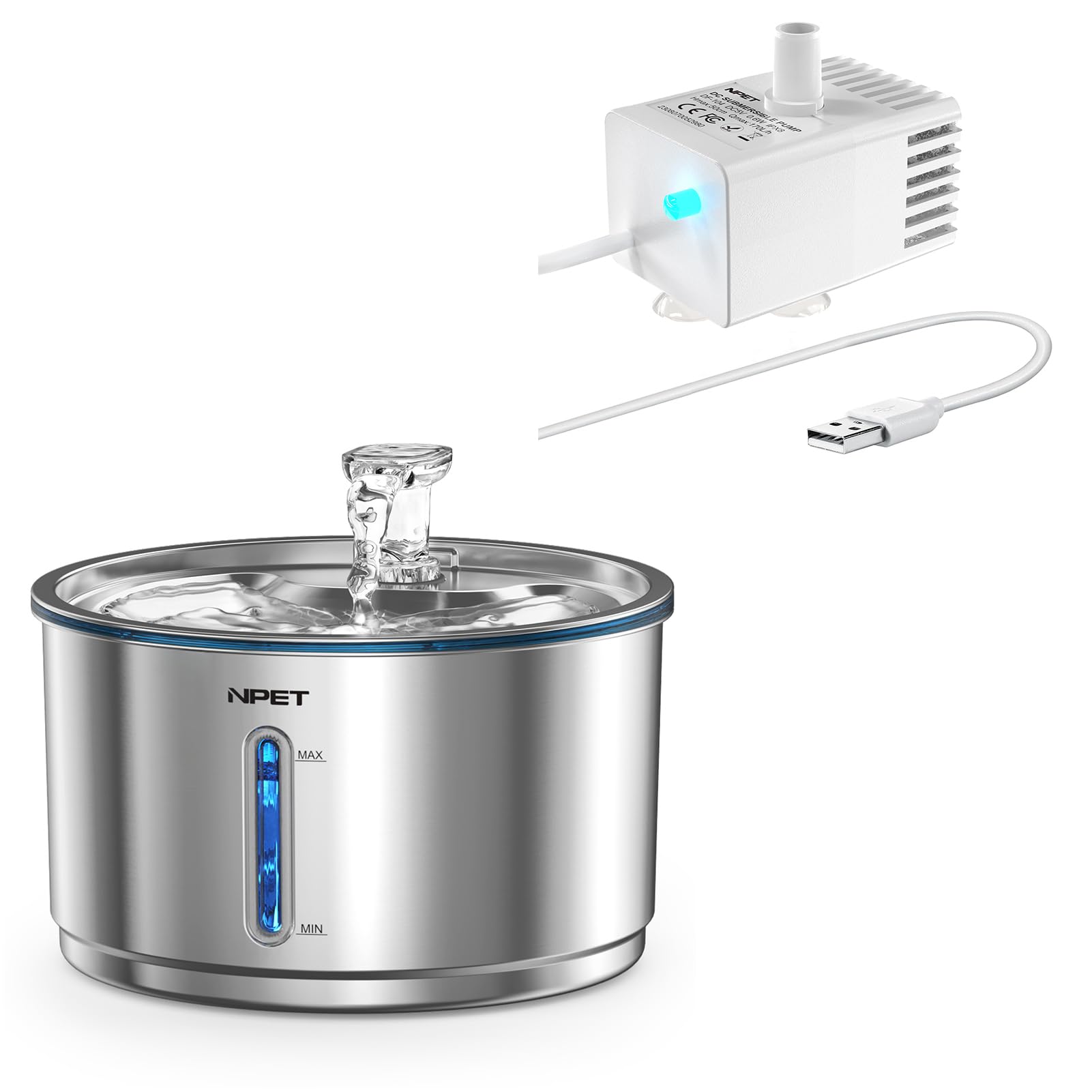 NPET Stainless Steel Cat Water Fountain, 1Gallon/135oz Automatic Pet Drinking Fountain with LED Water Pump