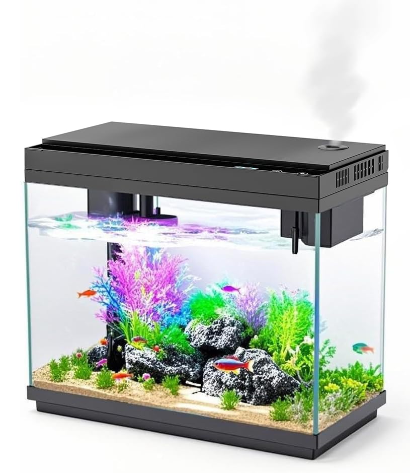 Smart Aquarium Fish Tank with Silent Water Pump, 2.4 Gallon Small Aquarium with Quick Start Kit, Temperature Display, Humidifier and RGB Lights, Perfect for Home, Office, and Decor