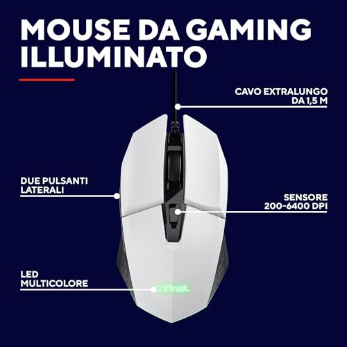 GXT 109W Felox Mouse Gaming con 6 Pulsanti Programmabili, Illuminazione LED Multicolore, Software Incluso, 200-6400 DPI, Mouse con Filo USB 150 cm per PC, Portatile, Computer - Bianco - Mouse gaming - Immagine 1