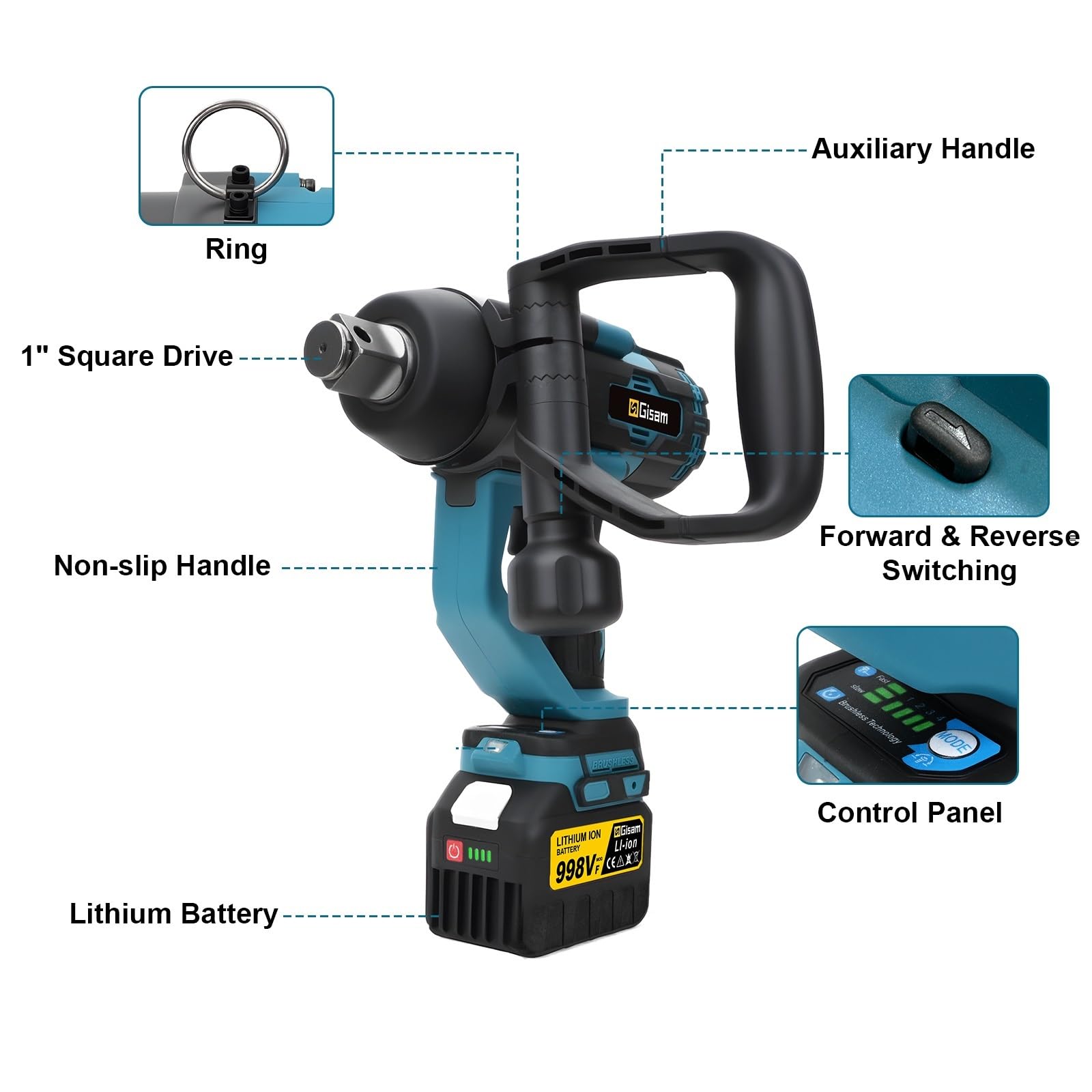 Llaves dinamométricas Llave eléctrica sin escobillas 4500N.M Taladro eléctrico de impacto inalámbrico 1 pulgada Llave dinamométrica Drive(2 Battery)