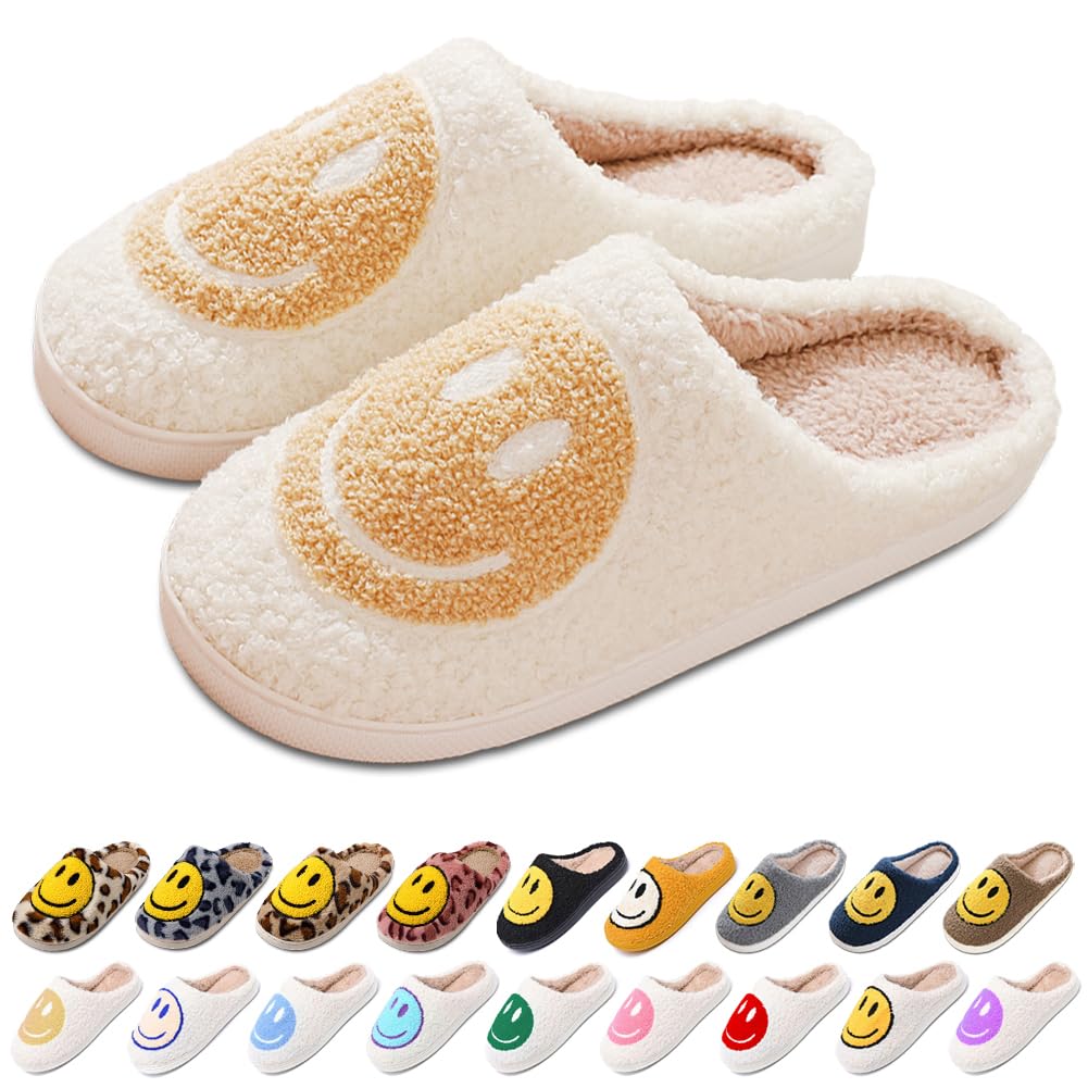 Women's Men's Retro Preppy Happy Face Slippers Comfy Warm Plush Slip-On House Slipper for Winter Indoor Soft Cushion Non-slip Fluffy Slides Slippers