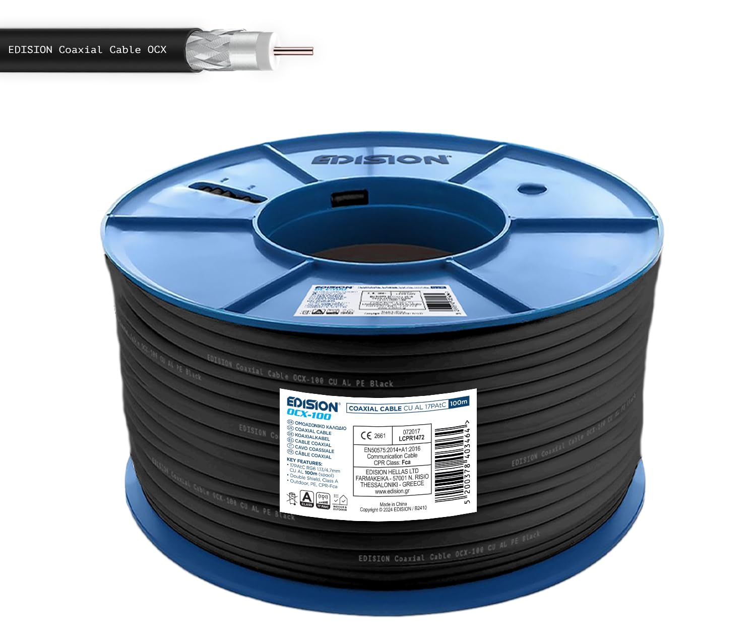 EDISION OCX-100 Cavo Coassiale 100m Antenna TV SAT Esterno/Interna PE Nero, Rame CU/AL, 17PAtC, CPR Fca, Classe A per DVB-S2/T/T2/C, RADIO - Bobina Plastica