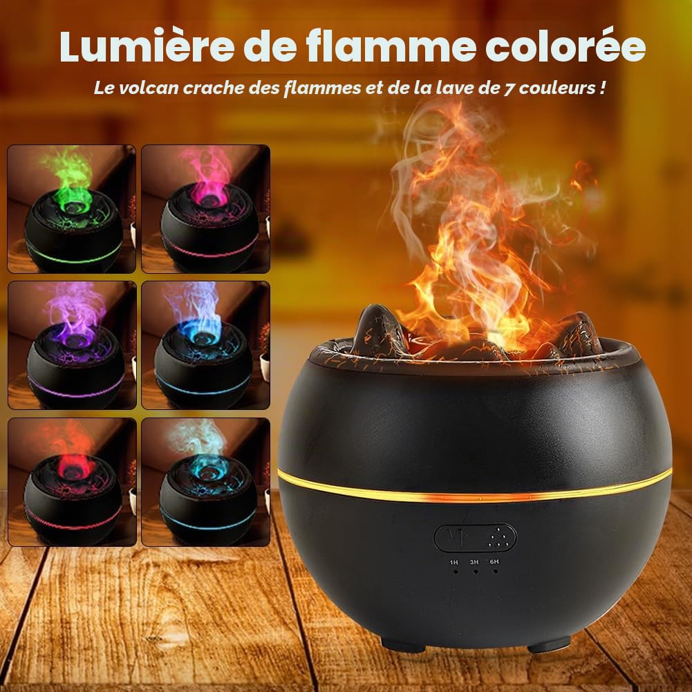 Diffuseur d'arômes pour huiles essentielles, 360 ml, lampe aromatique volcanique avec minuterie, protection automatique et veilleuse LED 7 couleurs, effet flamme pour chambre à coucher, bureau, yoga
